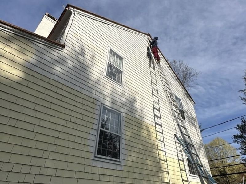 Exterior siding repaint in progress, landscaping protected